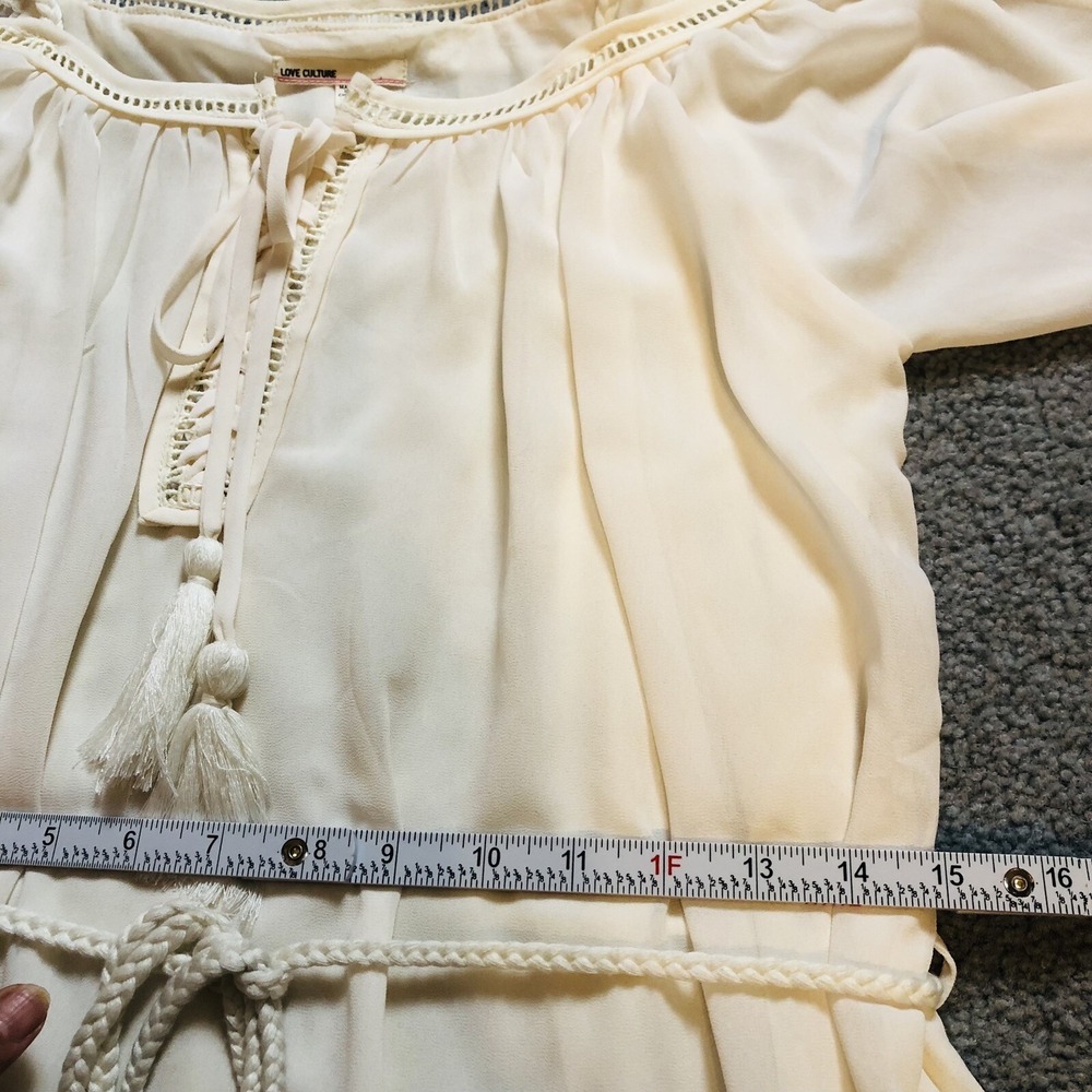 Love Culture Layered Mini Dress Sz S Cold Shoulder Ivory Belted Tassels Coastal - Picture 11 of 13